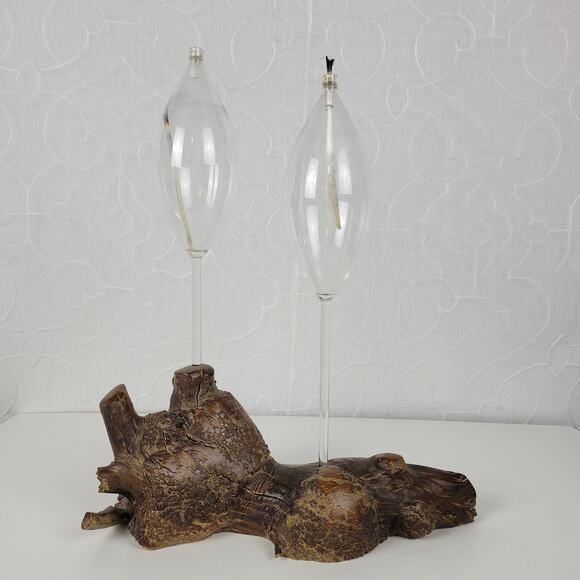 Vintage Burl Root Oil Candle Lamp Glass Lantern Wood Base Retro MCM Decor - Picture 1 of 16